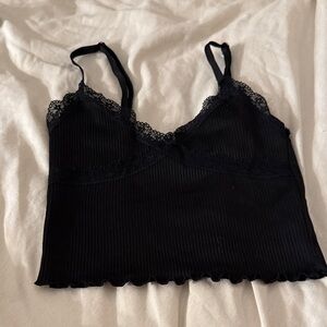 Divided Black Ribbed Camisole with Lace